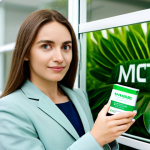 A professional, thoughtful woman in a modest business outfit, holding a generic product prominently labeled "Natural" or "Eco-Friendly" with lush green leaves printed on the packaging. Her expression is one of slight skepticism, as she carefully examines the product. The background is a clean, modern commercial setting, but subtly visible behind her, through a glass partition or blurred in the distance, are elements that suggest large-scale, conventional manufacturing processes, contrasting with the "green" label. Fully clothed, appropriate attire, safe for work, perfect anatomy, correct proportions, natural pose, well-formed hands, proper finger count, natural body proportions, professional photography, high quality, appropriate content, modest.