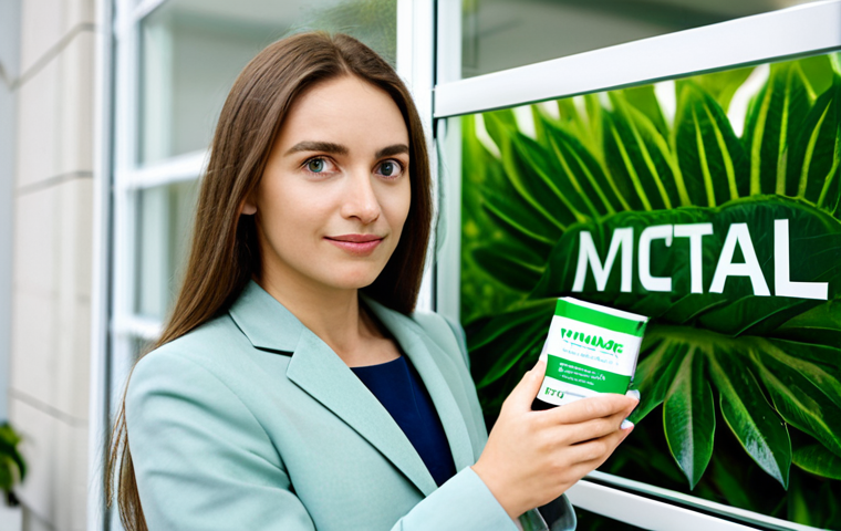 A professional, thoughtful woman in a modest business outfit, holding a generic product prominently labeled "Natural" or "Eco-Friendly" with lush green leaves printed on the packaging. Her expression is one of slight skepticism, as she carefully examines the product. The background is a clean, modern commercial setting, but subtly visible behind her, through a glass partition or blurred in the distance, are elements that suggest large-scale, conventional manufacturing processes, contrasting with the "green" label. Fully clothed, appropriate attire, safe for work, perfect anatomy, correct proportions, natural pose, well-formed hands, proper finger count, natural body proportions, professional photography, high quality, appropriate content, modest.