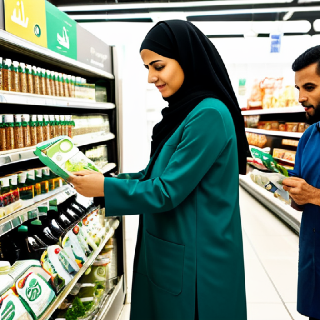 Conscious Consumerism**

"A diverse group of people carefully examining product labels in a modern supermarket, focusing on environmental certifications, fully clothed, modest clothing, safe for work, perfect anatomy, natural proportions, professional photography, bright and inviting atmosphere, 'Made in UAE' tag visible on a product, Arabic script on some packaging, appropriate content, family-friendly."

**