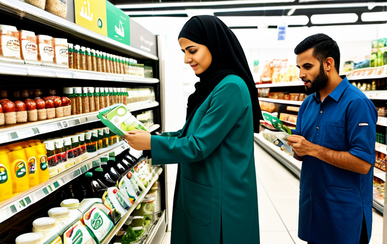 Conscious Consumerism**
"A diverse group of people carefully examining product labels in a modern supermarket, focusing on environmental certifications, fully clothed, modest clothing, safe for work, perfect anatomy, natural proportions, professional photography, bright and inviting atmosphere, 'Made in UAE' tag visible on a product, Arabic script on some packaging, appropriate content, family-friendly."
**