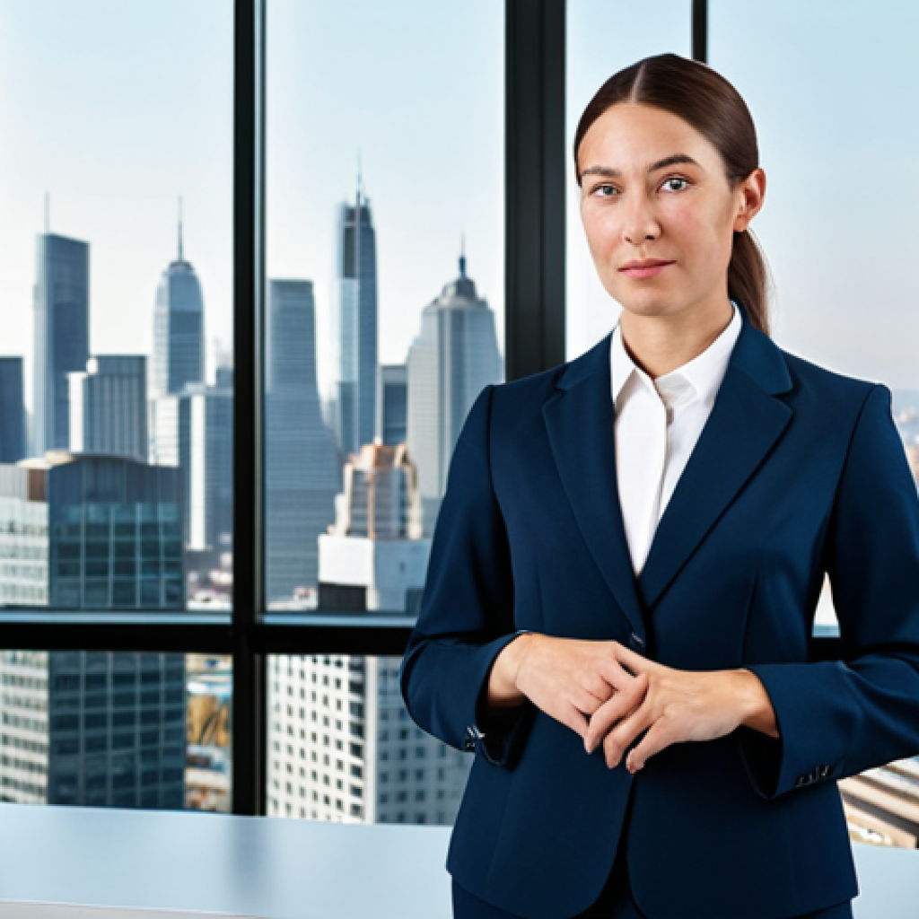 **

"A professional businesswoman in a modest business suit, standing in a modern office with large windows overlooking a cityscape, fully clothed, appropriate attire, safe for work, perfect anatomy, natural proportions, professional photography, high quality, family-friendly, well-formed hands, proper finger count."

**