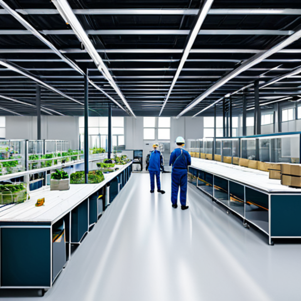 **

"A bright and modern factory interior showcasing a transparent supply chain. Workers in appropriate attire monitor sustainable material sourcing and efficient production processes. Data visualizations display energy consumption and waste reduction metrics. Safe for work, appropriate content, fully clothed, professional environment, perfect anatomy, natural proportions, high-quality rendering. Family-friendly."

**