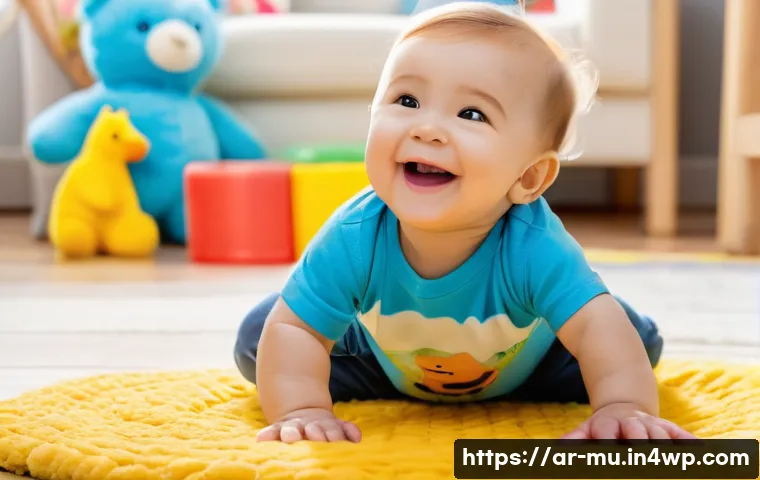 그린워싱을 알리는 블로그 작성법 - A cheerful toddler, approximately 18 months old, sitting happily on a soft, plush rug in a cozy, sun...