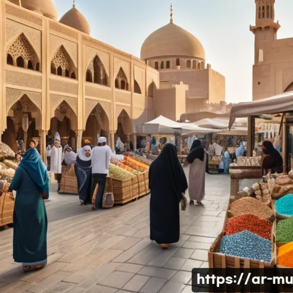 그린워싱과 지속 가능성의 관계 - A bustling traditional Middle Eastern marketplace scene in the late afternoon, featuring vendors sel...