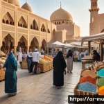 그린워싱과 지속 가능성의 관계 - A bustling traditional Middle Eastern marketplace scene in the late afternoon, featuring vendors sel...