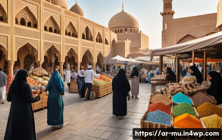 그린워싱과 지속 가능성의 관계 - A bustling traditional Middle Eastern marketplace scene in the late afternoon, featuring vendors sel...
