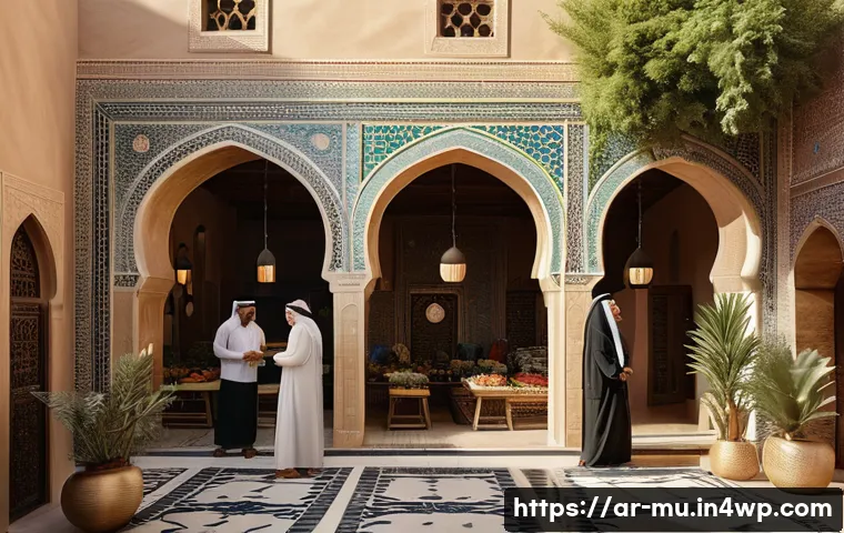 그린워싱의 경제적 동기 분석 - A modern Middle Eastern marketplace scene featuring a diverse group of Arab consumers carefully exam...