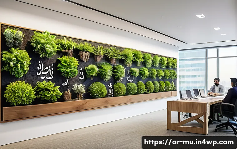 그린워싱 방지를 위한 기업의 역할 - A modern corporate office in the Middle East, with Arabic calligraphy art on the walls symbolizing s...