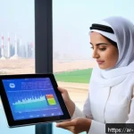 그린워싱과 환경 정보의 투명성 - A professional Middle Eastern businesswoman in a modern office setting, reviewing detailed environme...
