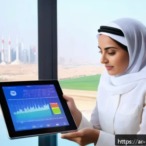 그린워싱과 환경 정보의 투명성 - A professional Middle Eastern businesswoman in a modern office setting, reviewing detailed environme...