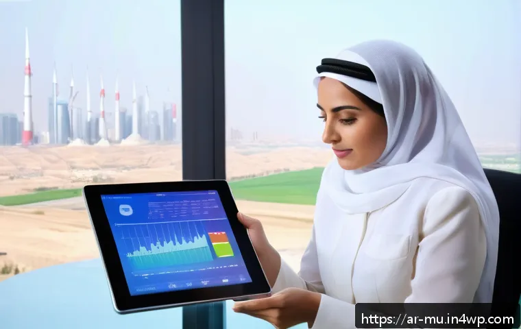 그린워싱과 환경 정보의 투명성 - A professional Middle Eastern businesswoman in a modern office setting, reviewing detailed environme...
