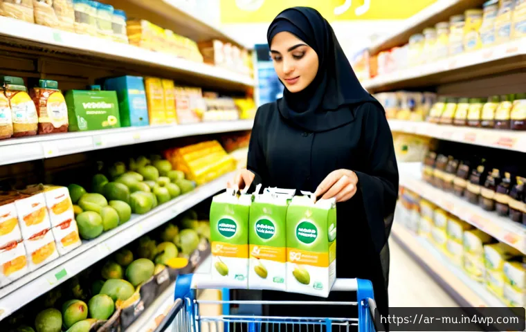 그린워싱 방지를 위한 소비자 캠페인 - Photorealistic consumer awareness campaign scene in a modern Gulf Arab supermarket, an Arab woman in...
