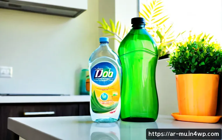 그린워싱과 친환경 제품의 진정성 - Photorealistic tabletop comparison of two unbranded household cleaning products in a bright modern A...